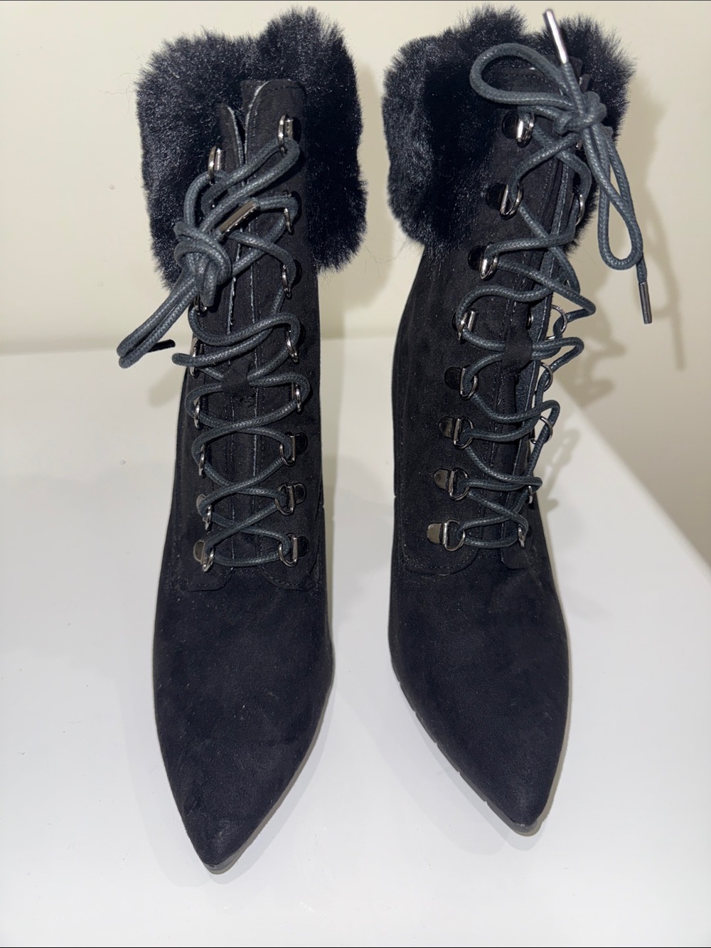 Black Faux-Fur Lace-Up Women's Boots